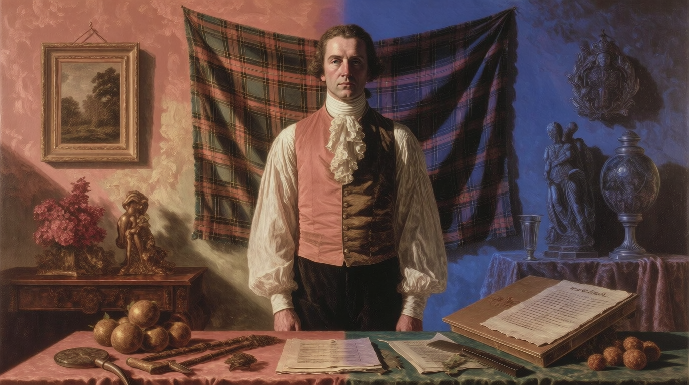 Dr. Daniel MacKinnon standing in a room of artefacts from Scotland and Antigua — research and translation by Emma-Jane MacKinnon-Lee.